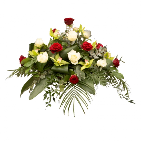 aranjament floral funerar trandafiri si orhidee verde